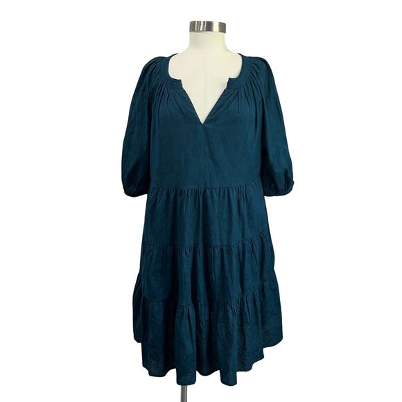 Universal Thread Cotton Tiered Puff Sleeve Mini Dress Blue Teal Boho Small - Picture 1 of 8